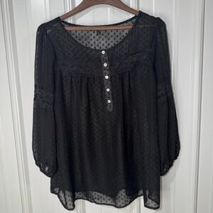 Peridot Sheer Black Polka Dot Lace Long Sleeve Button Baby Doll Top Size Medium